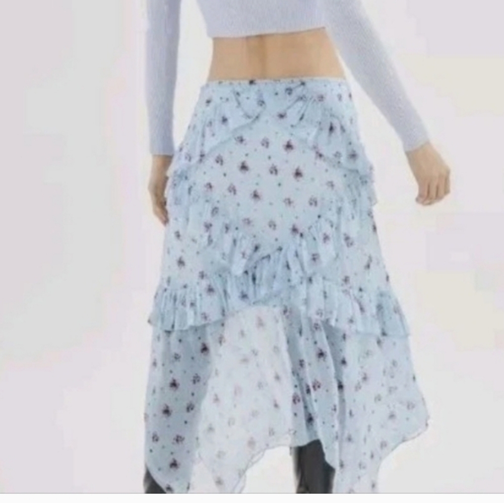 NWOT Urban Outfitters Boho Fairycore Blue Ditsy Floral Ruffle Asymmetrical Midi - Picture 2 of 4